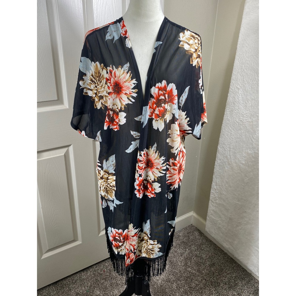 Siren Lily Floral Kimono Fringe‎ Trim Sheer Cover Up Bohemian Boho Chic 2X